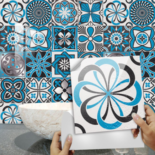 蓝白黑地中海花砖瓷砖贴地板楼梯厨房浴室衣柜防油水装饰画墙贴纸