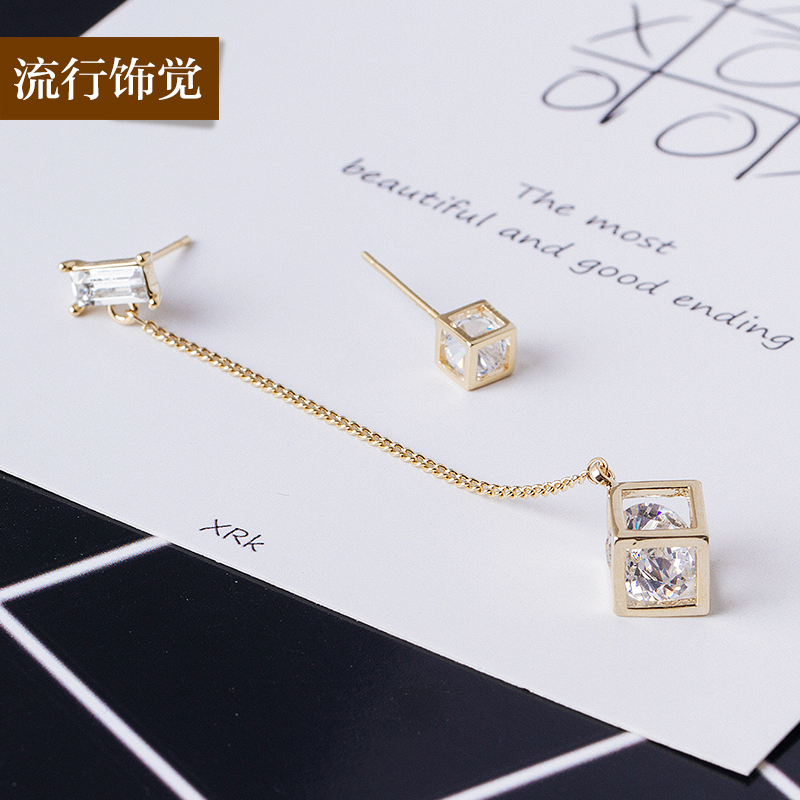 流行饰觉 韩版立体四方锆石不对称耳环耳钉简约时尚耳饰女新