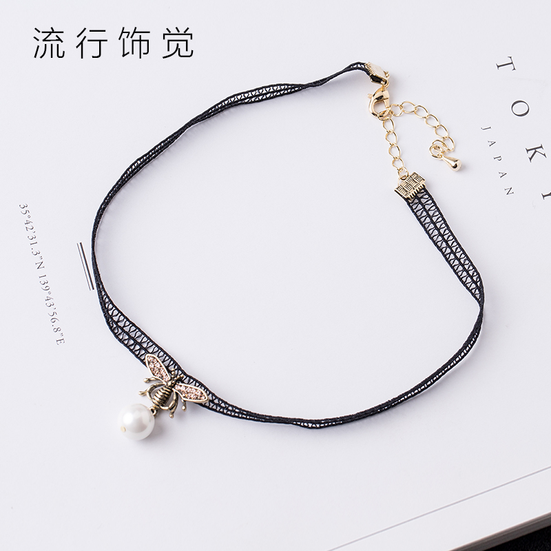 流行饰觉 昆虫珍珠弹力蕾丝颈链欧美时尚复古choker项链项圈女