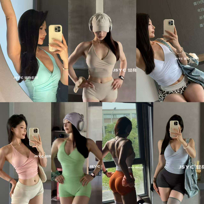 刻画背】交叉挂脖背心辣妹显瘦褶皱瑜伽上衣健身跑步带胸垫吊带