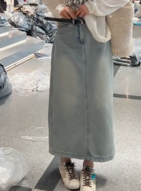 2026新款春季韩系高腰复古蓝色丹宁直筒裙牛仔半身裙女显瘦a字裙