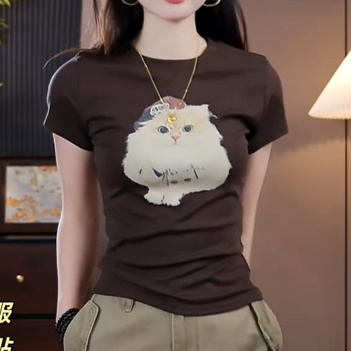 小猫印花正肩短袖t恤女士夏季2026新款黑色修身上衣短款圆领体恤
