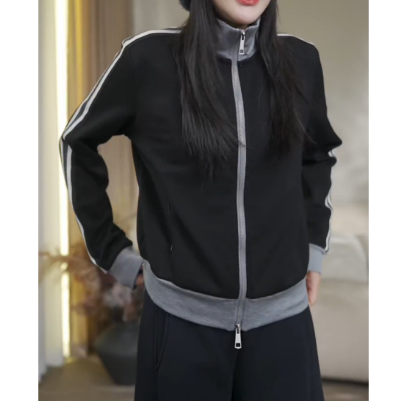 立领拉链两条杠卫衣外套女2025春秋季新款慵懒风休闲宽松短款上衣