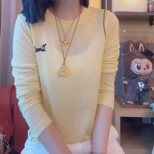 高级感刺绣小狗黄色长袖t恤女装秋季2025新款明线上衣打底衫女士