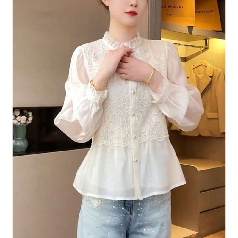 法式蕾丝拼接长袖衬衫女2025春季新款高级感气质宽松显瘦小衫上衣
