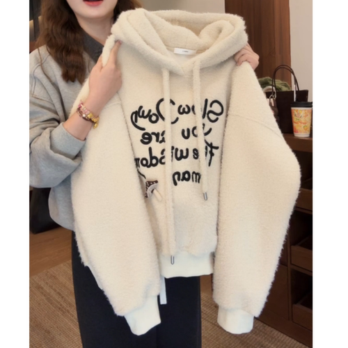 2025冬季新款大码女装字母印花宽松连帽卫衣女加绒复古设计感上衣