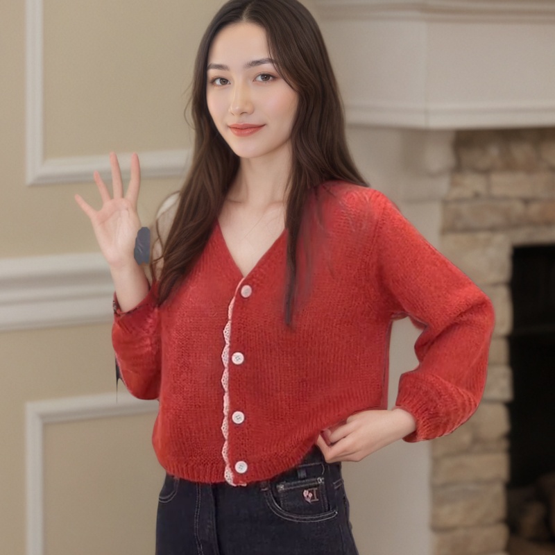 高级感番茄红色针织衫开衫女秋冬季2025新款蕾丝拼接上衣v领毛衣