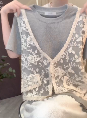 2025年夏季新款刺绣蕾丝正肩短袖T恤女今年流行高级感假两件上衣
