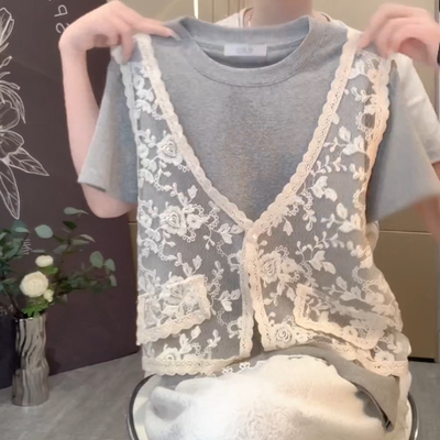 刺绣蕾丝正肩短袖T恤女