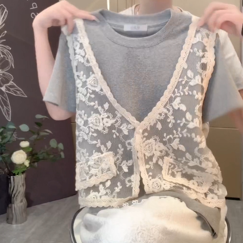 刺绣蕾丝正肩短袖T恤女