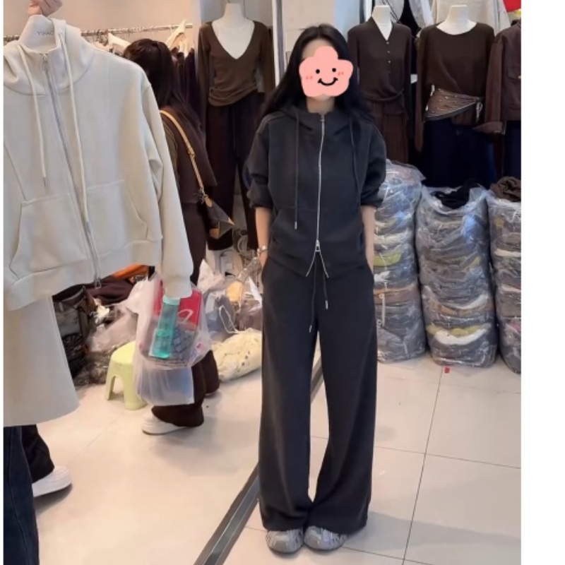 秋冬休闲极简风韩版休闲时尚两件套开衫连帽百搭高腰休闲裤女套装