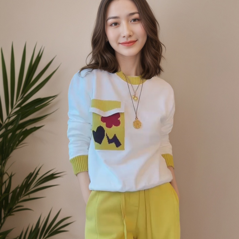 韩系撞色圆领长袖卫衣女2025秋冬新款设计感黄色口袋宽松上衣潮