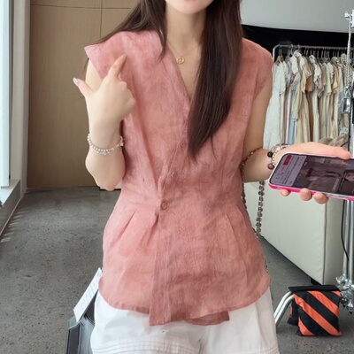 新中式国风不规则v领无袖衬衫女夏季小衫薄款轻奢高级感亚麻上衣