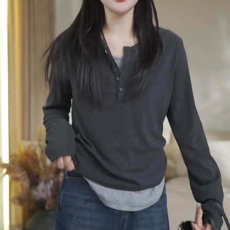 设计感小众灰色假两件长袖t恤女2025早秋新款显瘦内搭打底衫上衣