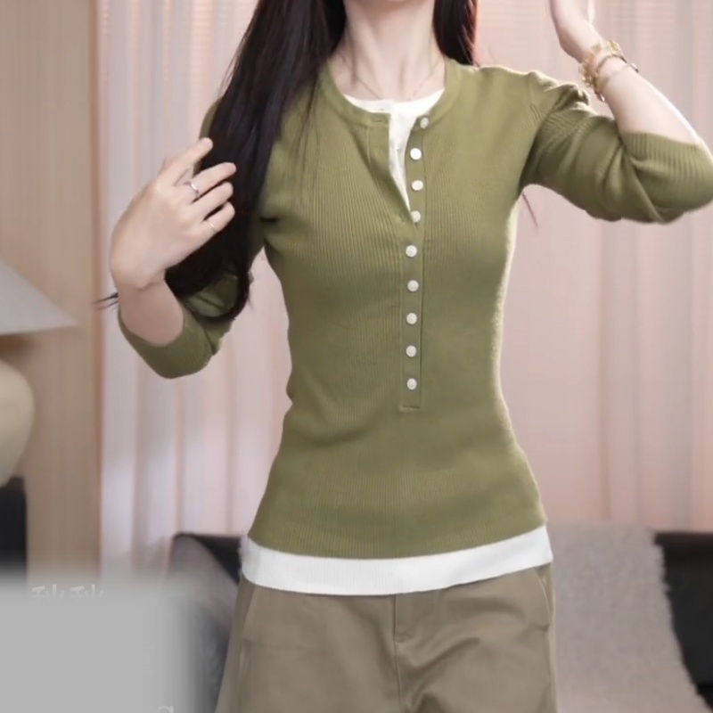 韩系巨好看的抹茶绿假两件针织上衣女秋季新款内搭打底衫设计小众