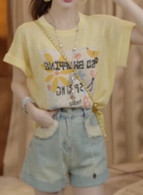 2025超火两件套夏装薄款圆领印花短袖T恤女美式高腰辣妹牛仔短裤