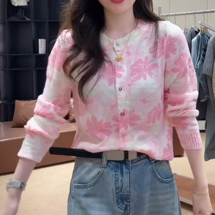 女时尚 2026年春季 新款 小众粉色印花针织开衫 防晒上衣 温柔显瘦长袖