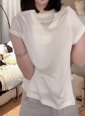 高级感微透细闪短袖T恤女2025夏季新款圆领体恤修身显瘦正肩上衣