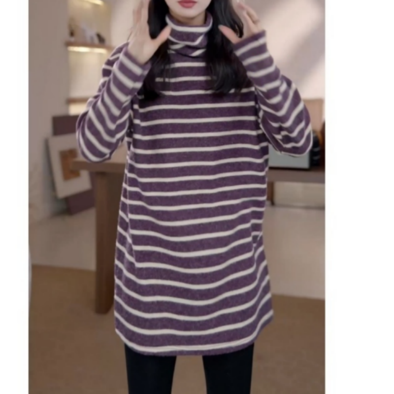 磨毛中长款条纹长袖t恤女秋冬季内搭加厚毛衣宽松chic打底衫上衣