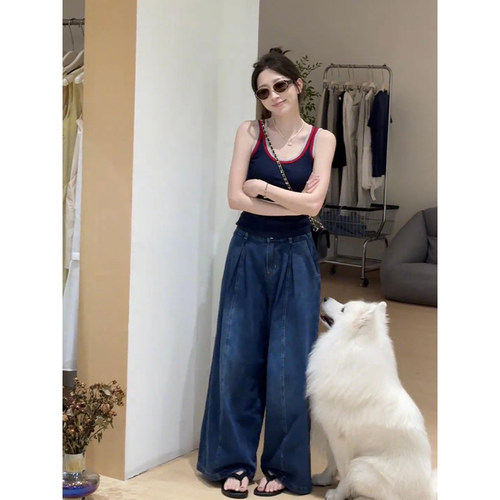 撞色U领吊带背心女夏季外穿美背小个子修身显瘦辣妹短款无袖上衣