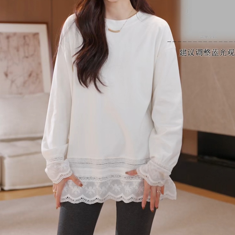 蕾丝打底衫女白色卫衣内搭t恤春秋季设计感宽松中长款遮屁股上衣