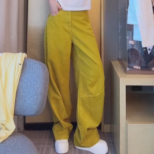 2025早秋新款 显瘦高腰灯芯绒休闲阔腿裤 女休闲黄色长裤 子 网红时尚