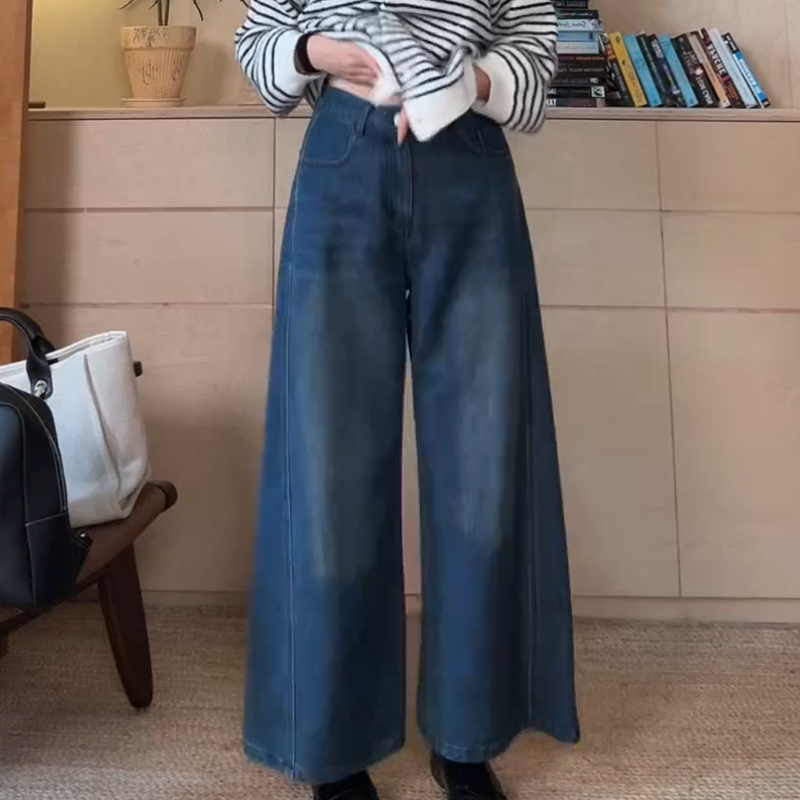 深蓝色大阔腿牛仔裤女秋冬新款高腰直筒宽松显瘦高个子拖地喇叭裤