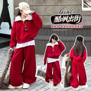 女童巨好看冬装套装红色本命年12岁女孩过年衣服加绒加厚外套两件