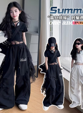 女童爵士舞套装夏季女孩黑白色短袖舞蹈服表演服潮酷时髦穿搭街舞