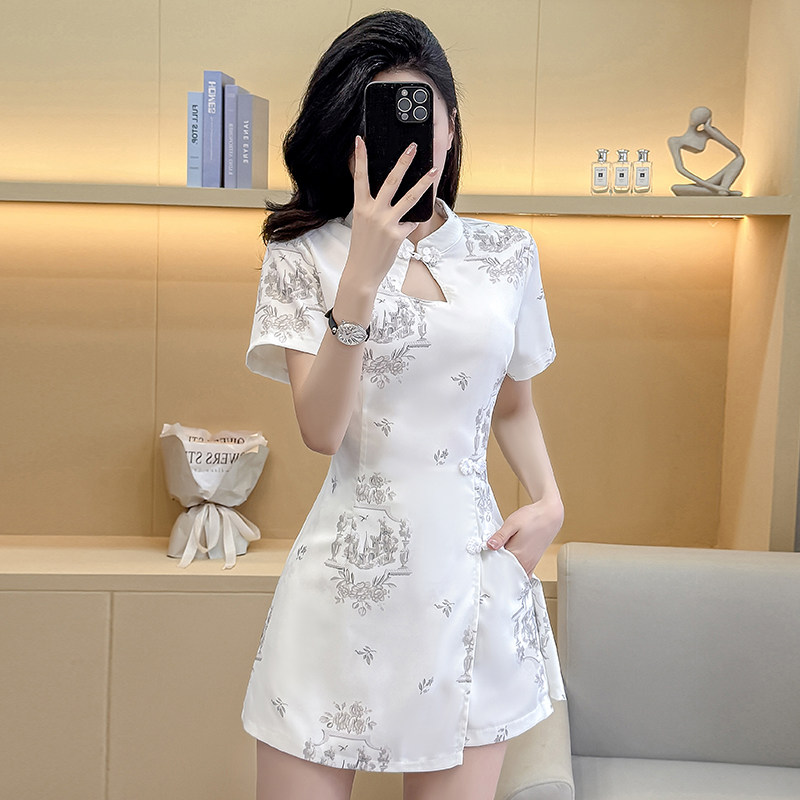 实拍夏季新中式水墨印花套装女国风改良短款旗袍碎花连衣裙加短裤