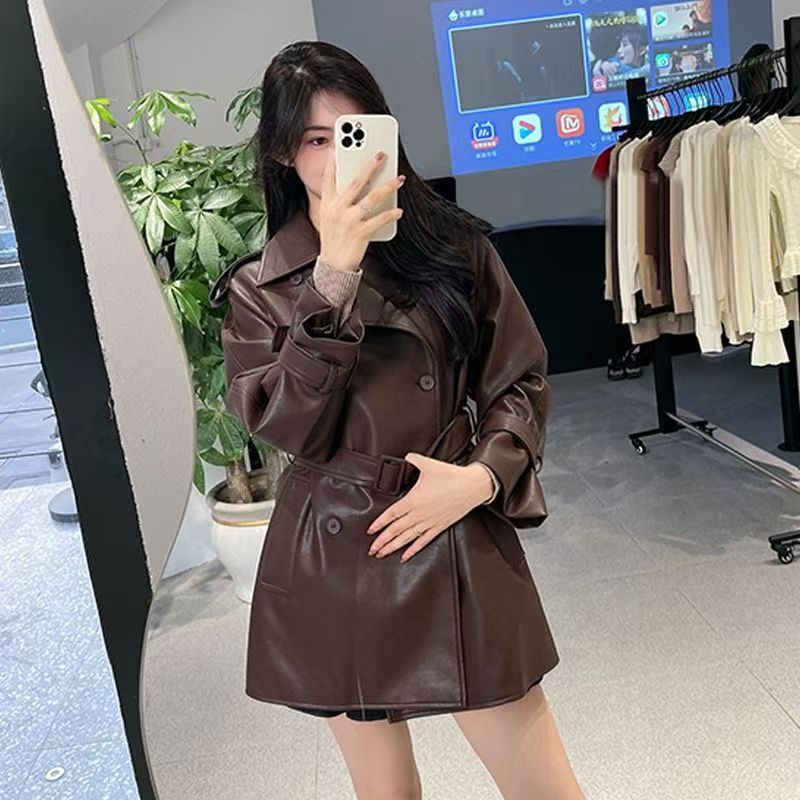 高端大气上档次黑色翻领皮衣外套女2025秋冬款中长款绑带收腰风衣