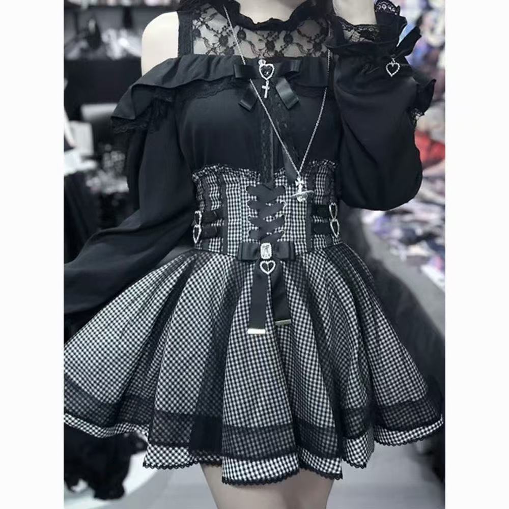 柏林旧约 秋装新款日系优雅千金长袖露肩上衣气质高腰半身裙套装