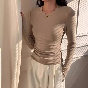 上衣春秋衫内搭软T恤正肩百打底女士弹力搭褶皱新款打底长袖