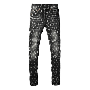 PURPLE JEANS美式潮牌新款黑色水洗磨白独特创意印花修身牛仔裤男