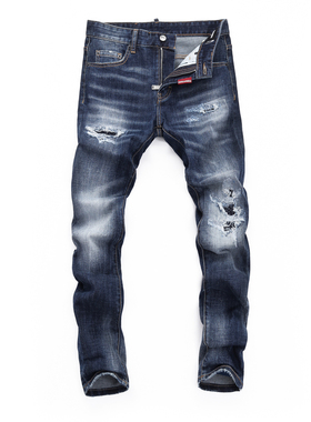 D2 JEANS欧洲站轻奢潮牌新款深蓝色磨白水洗膝盖破坏补丁牛仔裤男