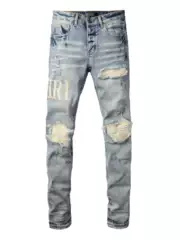 New American High Street Fashion Brand Light-Colored Distressed Logo Patch Ripped Patchwork Jeans for Men