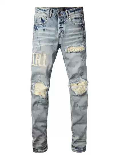 New American High Street Fashion Brand Light-Colored Distressed Logo Patch Ripped Patchwork Jeans for Men