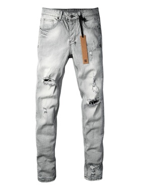 KSUBI JEANS 新款美式潮牌浅灰色复古水洗刮烂破洞修身小脚牛仔裤