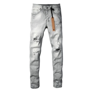 KSUBI JEANS 新款美式潮牌浅灰色复古水洗刮烂破洞修身小脚牛仔裤