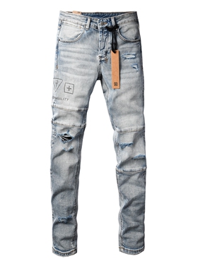 KSUBI JEANS 美式潮牌新款浅色磨白水洗拼接款个性印花破洞牛仔裤