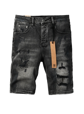 KSUBI JEANS 美式潮牌夏季新款烟灰色做旧水洗刮烂修身牛仔短裤男