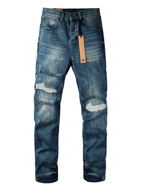 KSUBI JEANS 美式潮牌新款蓝色水洗刮烂破洞补丁宽松阔腿牛仔裤男