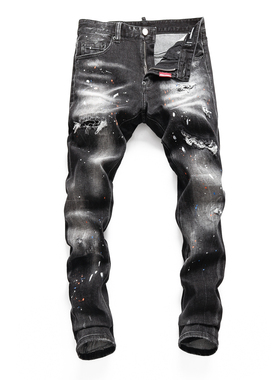 D2 JEANS欧洲站轻奢潮牌新款黑灰色磨白水洗刮烂破坏泼墨牛仔裤男