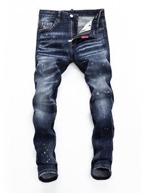 D2 JEANS欧洲站轻奢潮牌新款深蓝色猫须水洗漆点泼墨涂鸦牛仔裤男