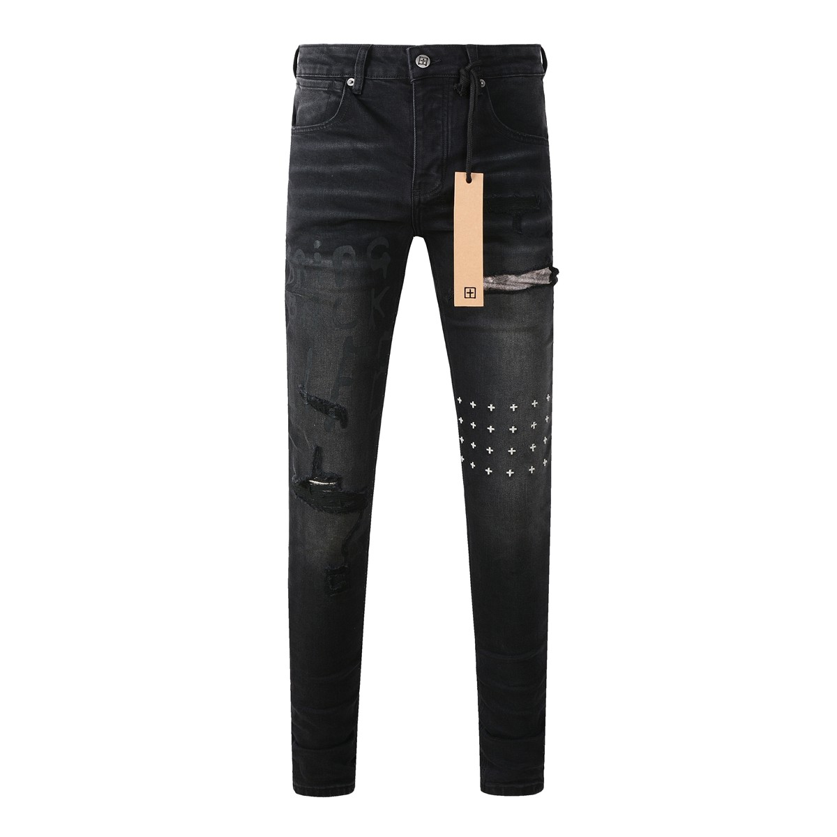 thumbnail for KSUBI JEANS New American Fashion Brand Black Cross Stitch Patch Print Skinny Jeans Men
