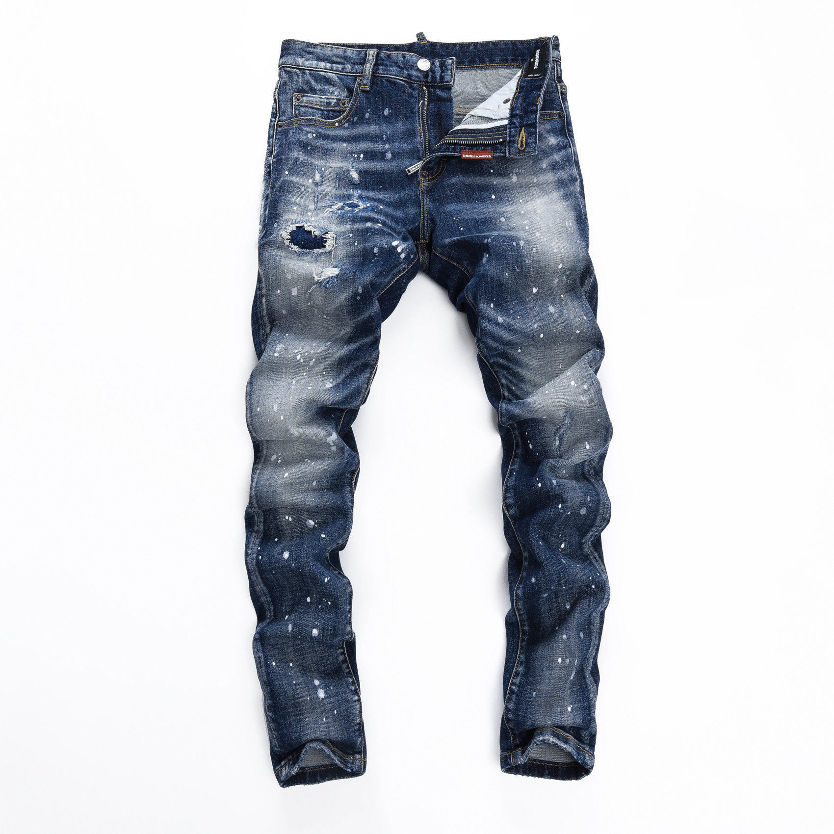 d2轻奢泼墨破洞修身小脚牛仔裤男