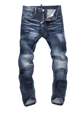 D2 JEANS欧洲站轻奢潮牌新款藏蓝色磨白水洗百搭修身小脚牛仔裤男