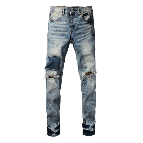 PURPLE BRAND JEANS新款美式潮牌蓝色做旧水洗豹纹补丁牛仔裤男裤