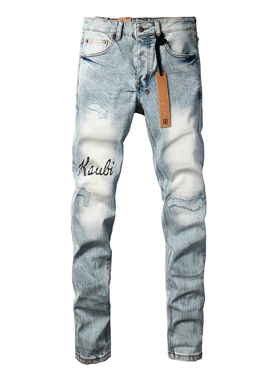 KSUBI JEANS 美式潮牌新款浅色磨白做旧水洗LOGO印花破洞牛仔裤男