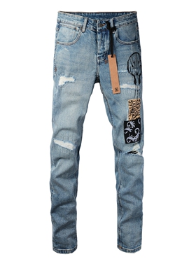 KSUBI JEANS 新款美式潮牌个性刮烂破洞印花贴布弹力修身牛仔裤男